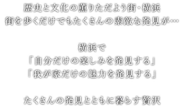 横浜の中心部に拠点を設け、歴史・観光・娯楽スポットを飽きることなく堪能更には夜景・プロスポーツ・街を歩くだけでも発見が…横浜で「自分だけの魅力を発見する」「我が家だけの魅力を発見する」そんな楽しみを見つけながら日々を過ごす贅沢