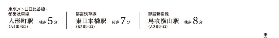 東京メトロ日比谷線・都営浅草線 人形町駅(A4番出口)徒歩5分 都営新宿線 馬喰横山駅(A2番出口)徒歩8分 都営浅草線 東日本橋駅(B2番出口)徒歩7分 都営新宿線 浜町駅(A1番出口)徒歩9分