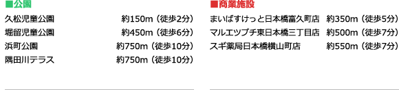 ■公園 久松児童公園 約150m(徒歩2分) 堀留児童公園 約450m(徒歩6分) 浜町公園 約750m(徒歩10分) 隅田川テラス 約750m(徒歩10分) ■商業施設 まいばすけっと日本橋富久町店 約350m(徒歩5分) マルエツプチ東日本橋三丁目店 約500m(徒歩7分) スギ薬局日本橋横山町店 約550m(徒歩7分)