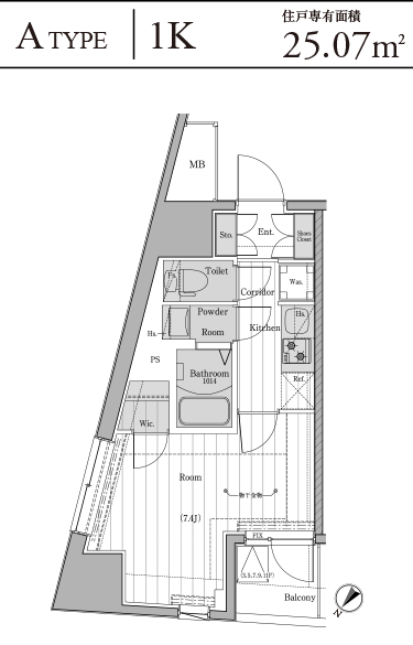 A TYPE 1K 住戸専有面積25.07㎡