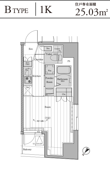 B TYPE 1K 住戸専有面積25.03㎡