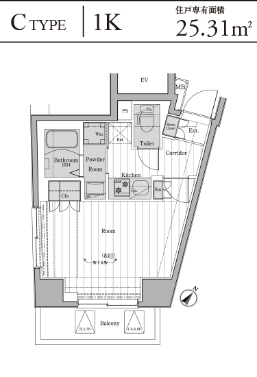 C TYPE 1K 住戸専有面積25.31㎡