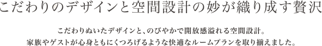 こだわりのデザインと空間設計の妙が織り成す贅沢。こだわりぬいたデザインと、のびやかで開放感溢れる空間設計。家族やゲストが心身ともにくつろげるような快適なルームプランを取り揃えました。