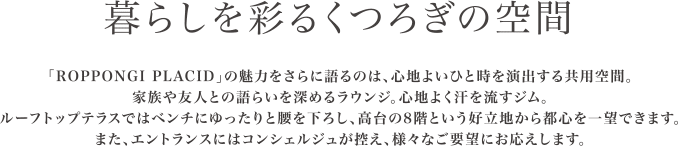 暮らしを彩るくつろぎの空間。「ROPPONGI PLACID」の魅力をさらに語るのは、心地よいひと時を演出する共用空間。家族や友人との語らいを深めるラウンジ。心地よく汗を流すジム。ルーフトップテラスではベンチにゆったりと腰を下ろし、高台の8階という好立地から都心を一望できます。また、エントランスにはコンシェルジュが控え、様々なご要望にお応えします。