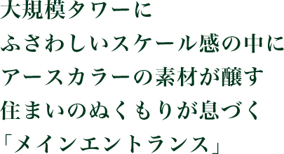 大規模タワーにふさわしいスケール感の中にアースカラーの素材が醸す住まいのぬくもりが息づく「メインエントランス」