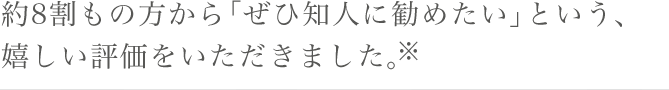 約8割もの方から「ぜひ知人に勧めたい」という、嬉しい評価をいただきました。